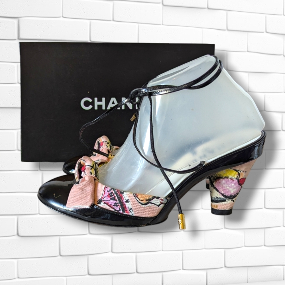 Chanel Cruise Ice Cream Print Chunky Heel Pink Bow Patent Lace Tie Shoes Size 38
